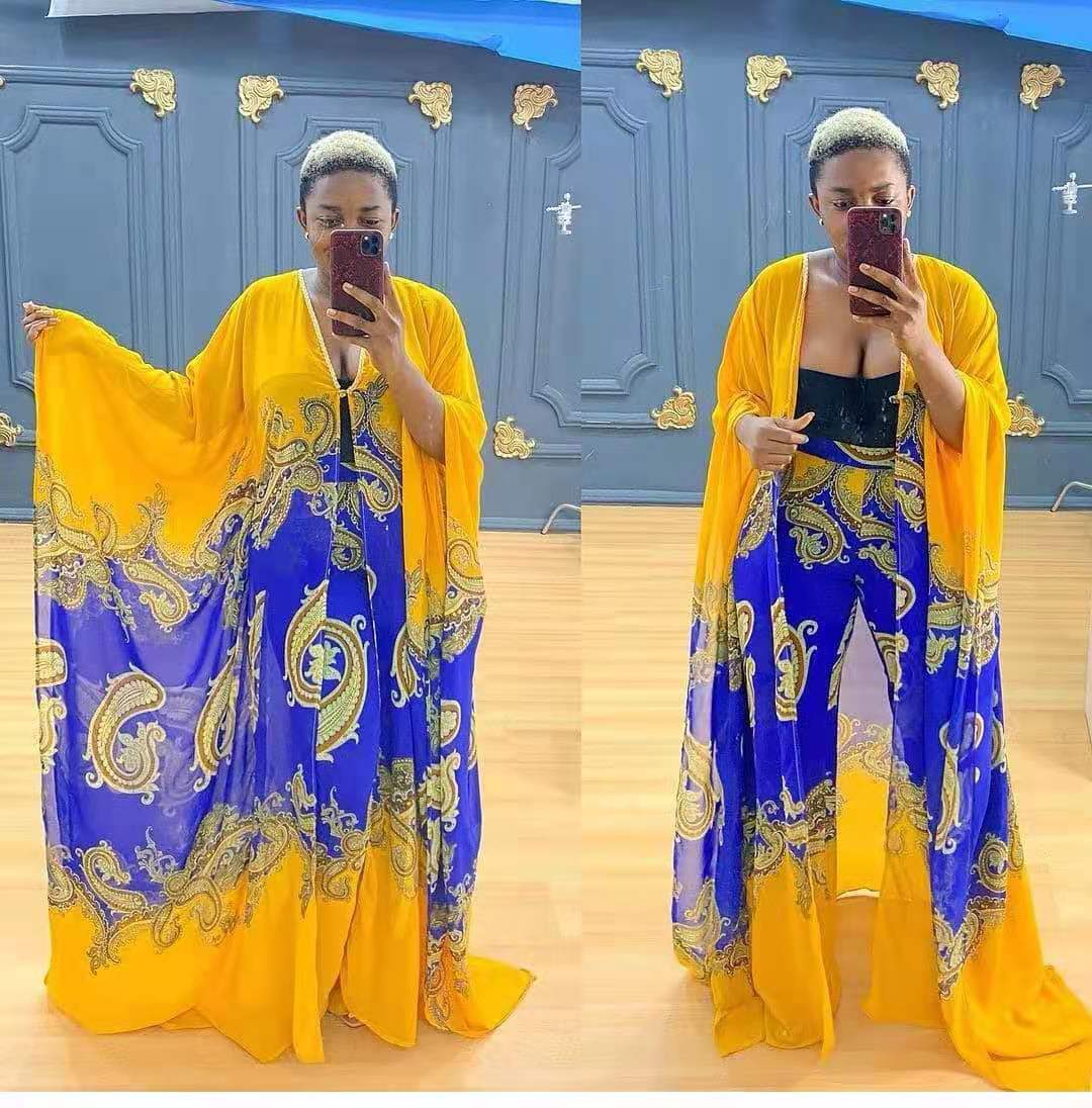Ensemble deux pièces cardigan en mousseline de soie et pantalon ample, robe africaine
