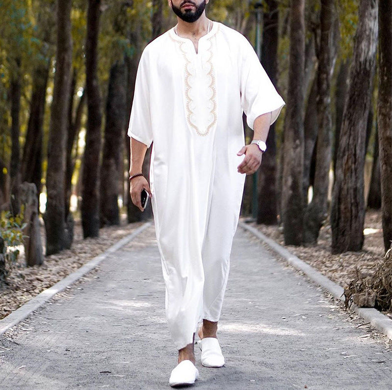 Qamis Homme | Col en V | Manches Mi-Longues | Blanc | M à 4XL