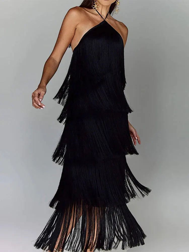 Robe Longue à Franges Métallisées Col Licou — Tendance Soirée Femme