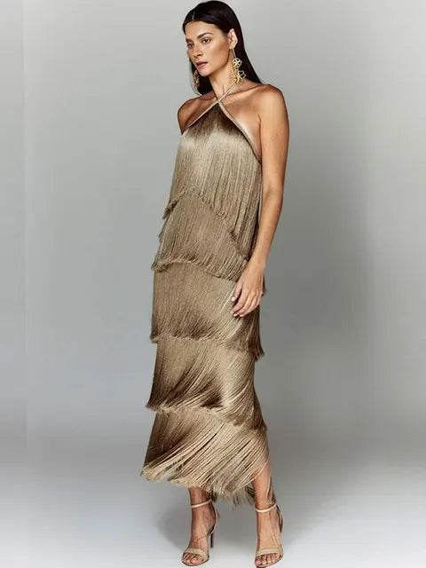 Robe Longue à Franges Métallisées Col Licou — Tendance Soirée Femme
