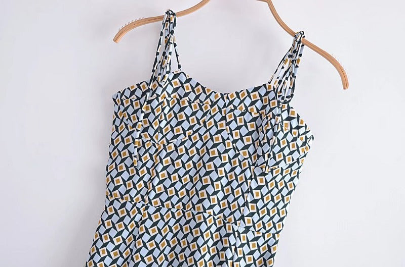 Robe Mi-Longue Femme à Imprimé Géométrique — Bretelles Spaghetti, Fente & Laçage Rétro