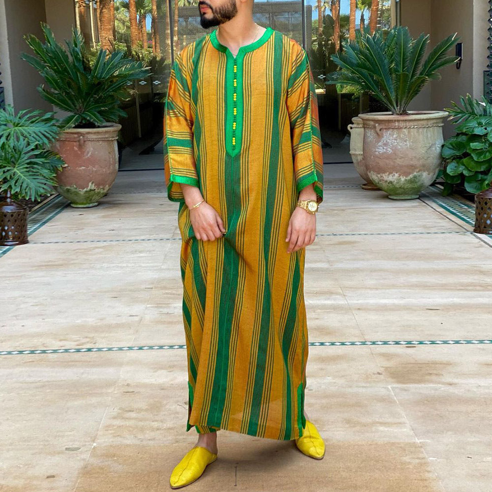 Qamis Homme Style Saoudien | Rayures Contrastées | Manches Longues | M à 4XL
