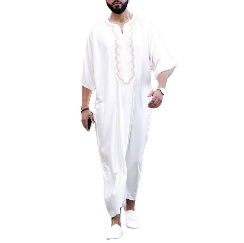 Qamis Homme | Col en V | Manches Mi-Longues | Blanc | M à 4XL