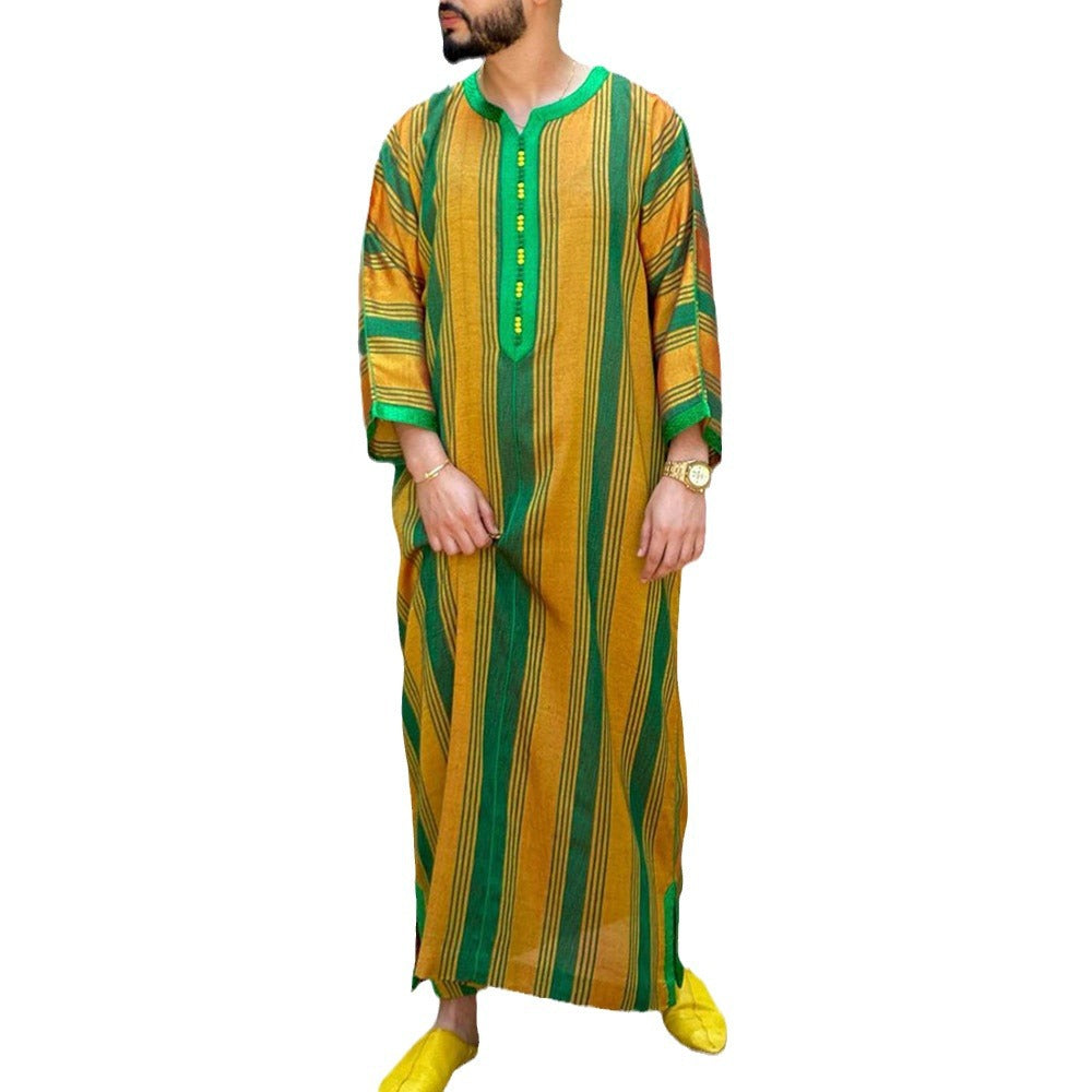 Qamis Homme Style Saoudien | Rayures Contrastées | Manches Longues | M à 4XL