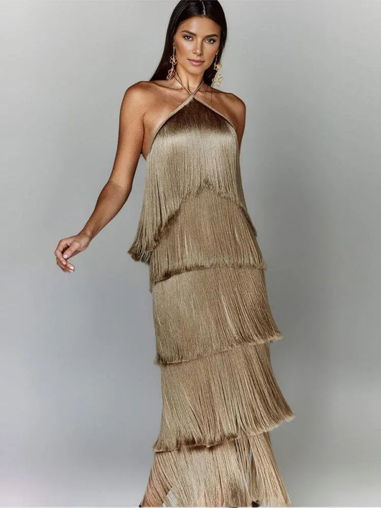 Robe Longue à Franges Métallisées Col Licou — Tendance Soirée Femme
