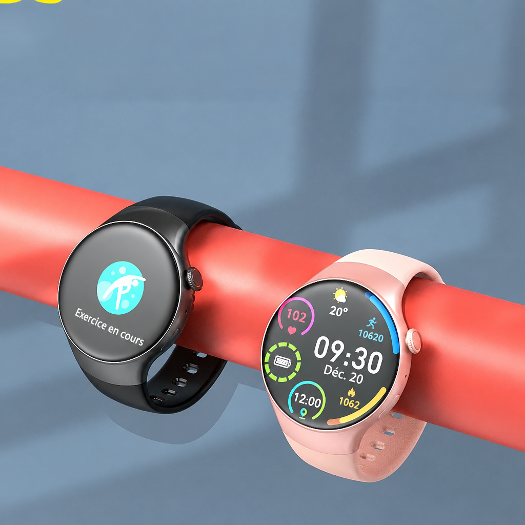 Montre Connectée Sport | Bracelet Intelligent Cadran Rond | Homme & Femme | Noir & Rose