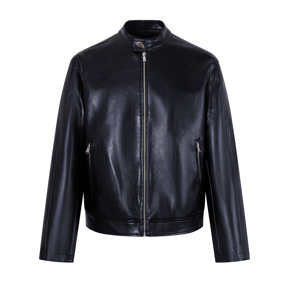 Veste noire en simili cuir à col montant