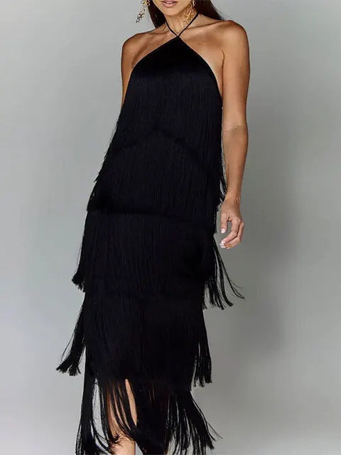 Robe Longue à Franges Métallisées Col Licou — Tendance Soirée Femme