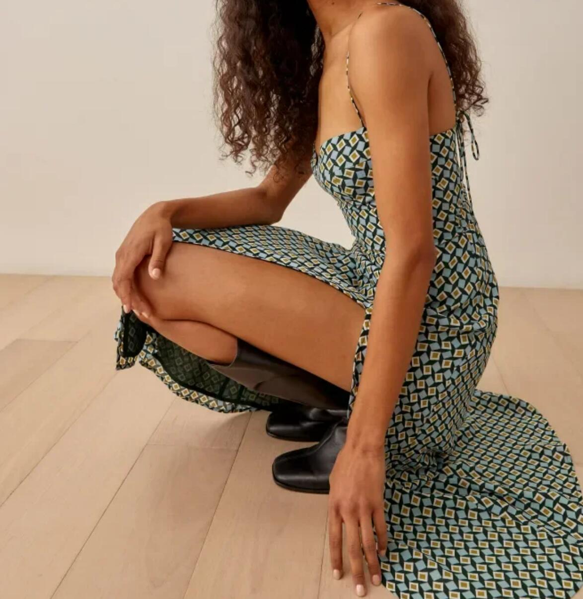 Robe Mi-Longue Femme à Imprimé Géométrique — Bretelles Spaghetti, Fente & Laçage Rétro
