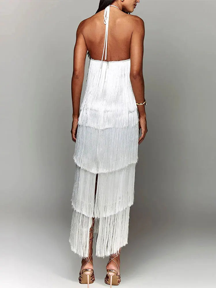 Robe Longue à Franges Métallisées Col Licou — Tendance Soirée Femme
