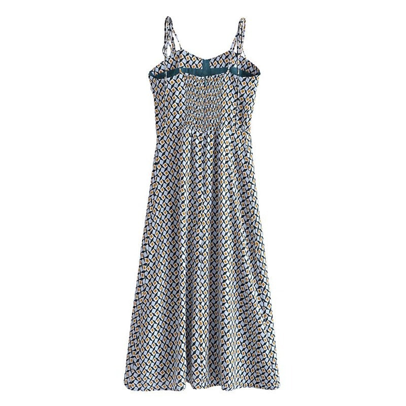 Robe Mi-Longue Femme à Imprimé Géométrique — Bretelles Spaghetti, Fente & Laçage Rétro