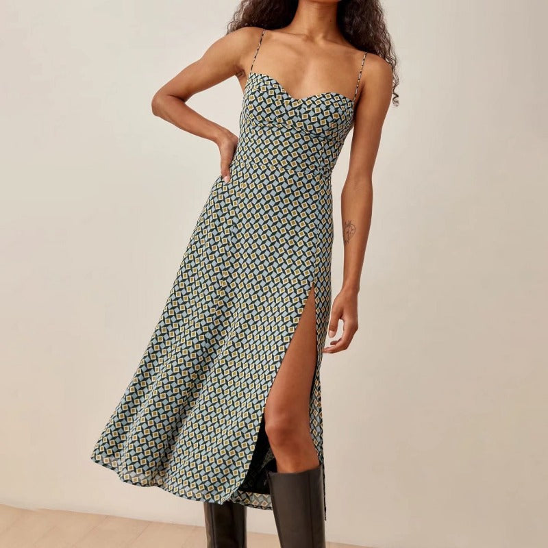 Robe Mi-Longue Femme à Imprimé Géométrique — Bretelles Spaghetti, Fente & Laçage Rétro