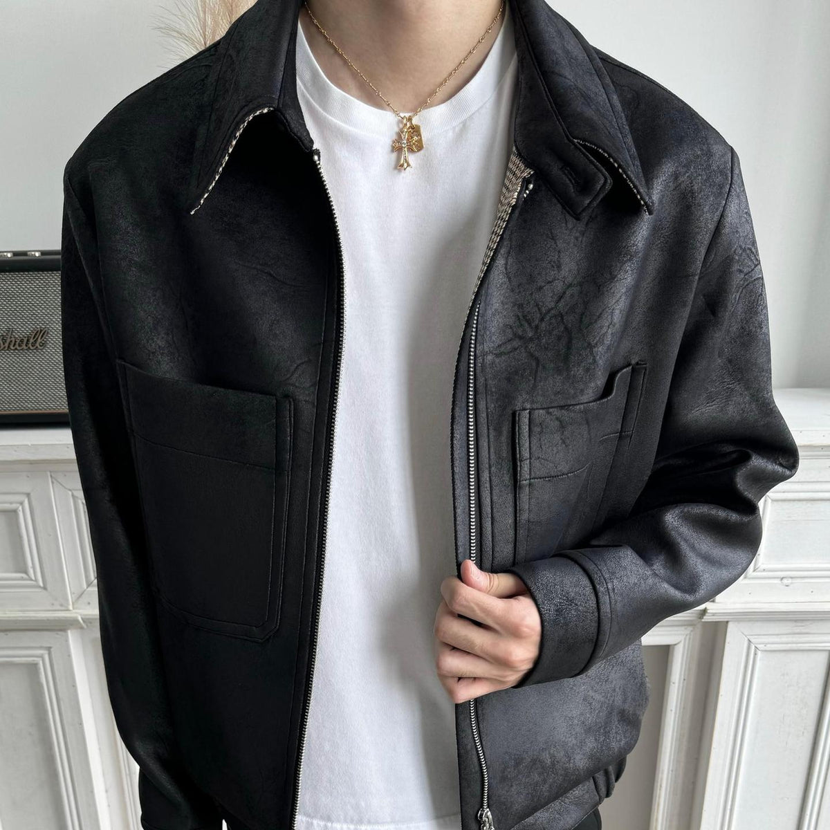 Veste homme en similicuir noir, coupe courte et ample