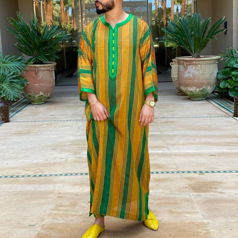 Qamis Homme Style Saoudien | Rayures Contrastées | Manches Longues | M à 4XL