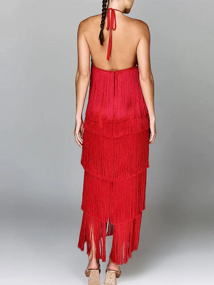 Robe Longue à Franges Métallisées Col Licou — Tendance Soirée Femme