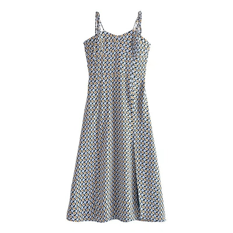 Robe Mi-Longue Femme à Imprimé Géométrique — Bretelles Spaghetti, Fente & Laçage Rétro