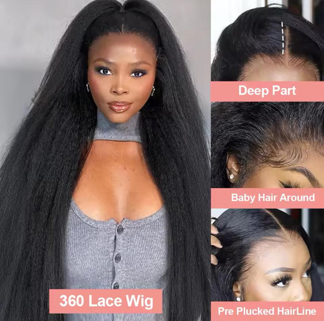 Perruque Lace Frontal Wig – Cheveux Humains Yaki Lisses, 13x4, Densité 200%