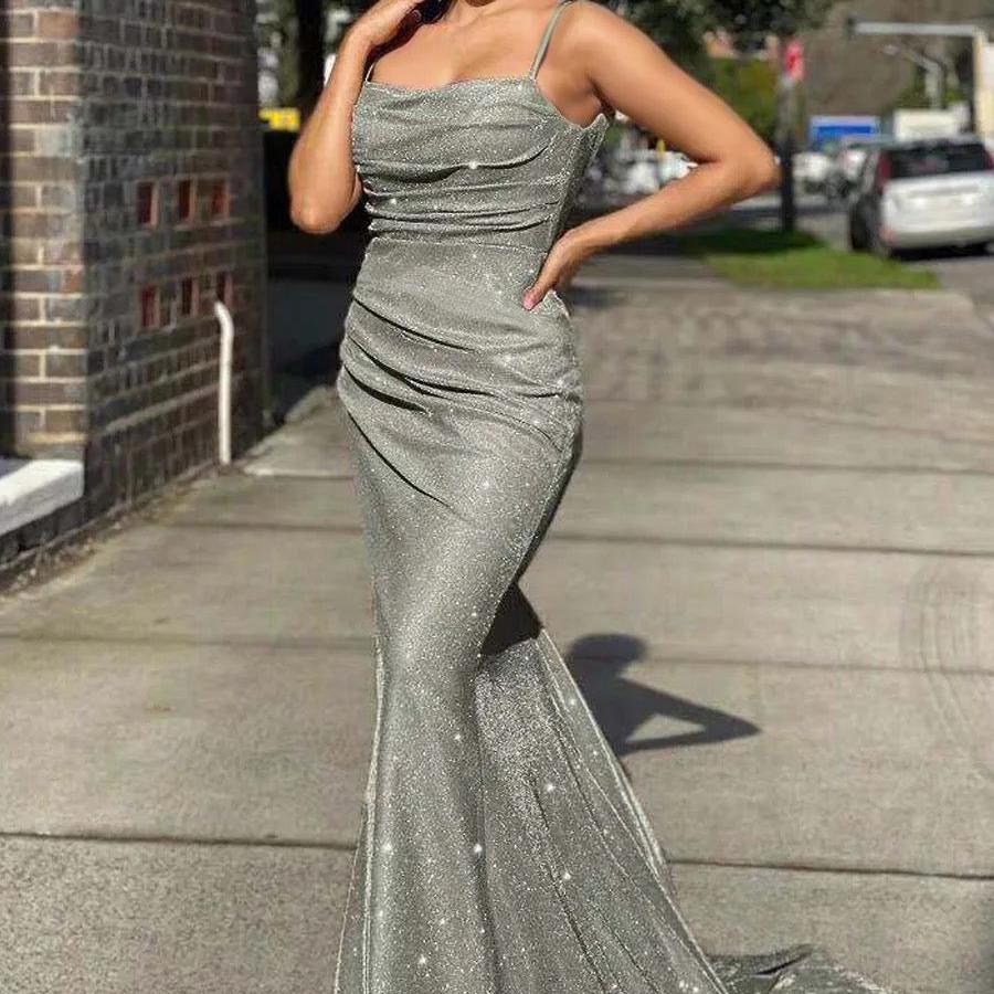 Robe Maxi Satin Col Carré — Robe de Soirée Longue Femme