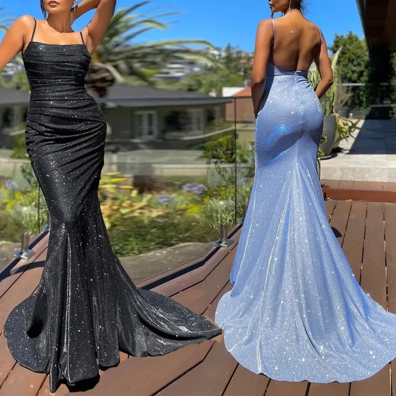 Robe Maxi Satin Col Carré — Robe de Soirée Longue Femme