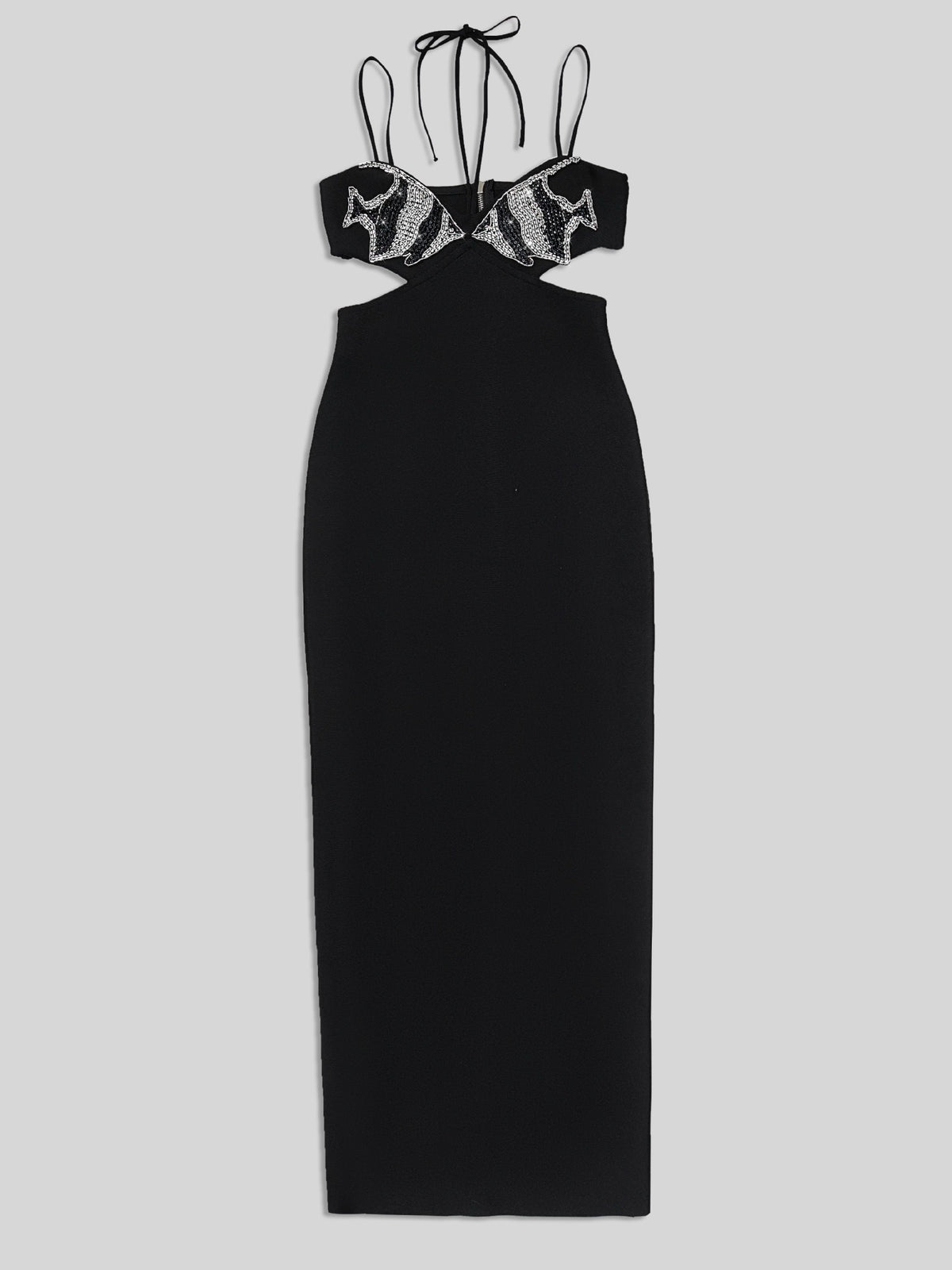 Robe Longue Noire Dos Nu Lace - Broderie Strass Ecailles Argent