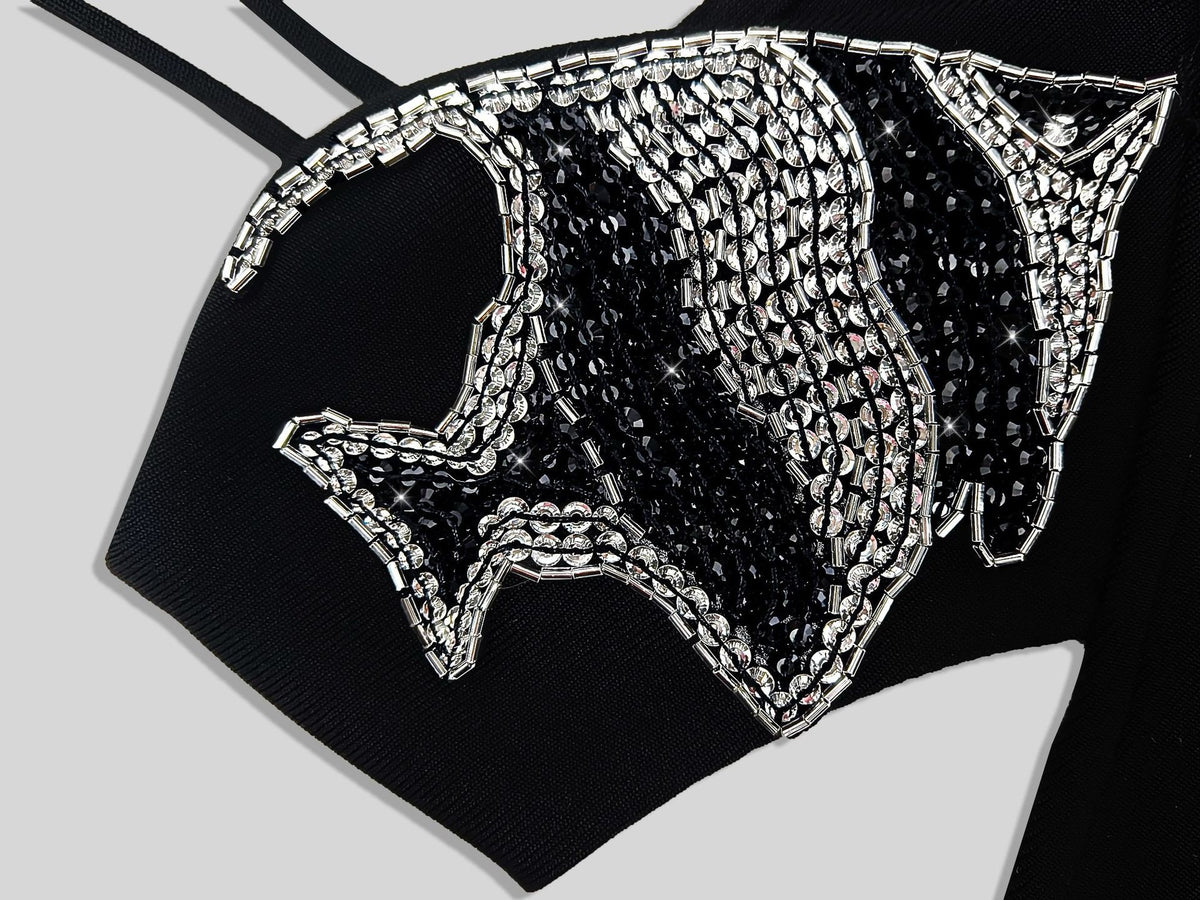 Robe Longue Noire Dos Nu Lace - Broderie Strass Ecailles Argent