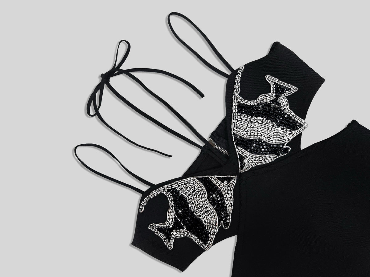Robe Longue Noire Dos Nu Lace - Broderie Strass Ecailles Argent