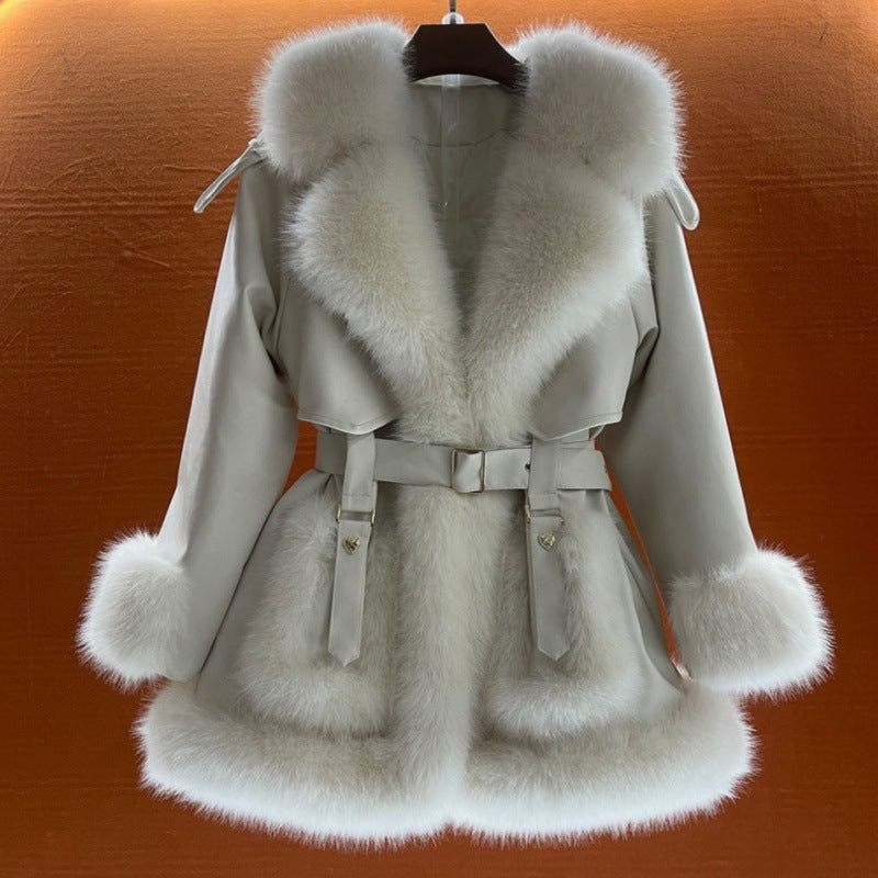 Manteau Grand Col Fourrure Laçage Femme – Style Socialite Chic