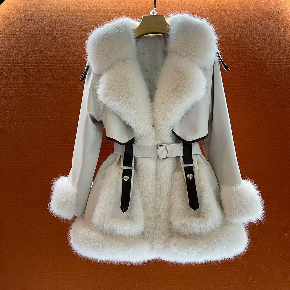 Manteau Grand Col Fourrure Laçage Femme – Style Socialite Chic