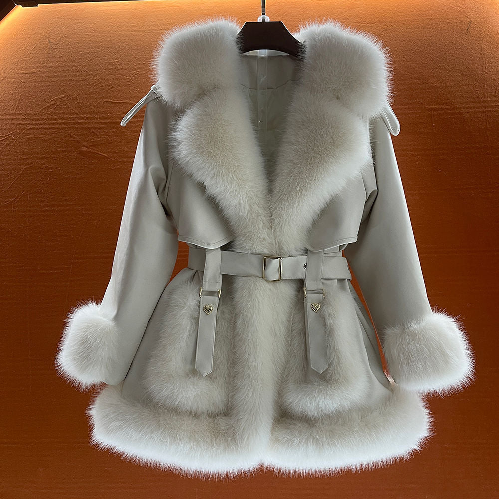 Manteau Grand Col Fourrure Laçage Femme – Style Socialite Chic