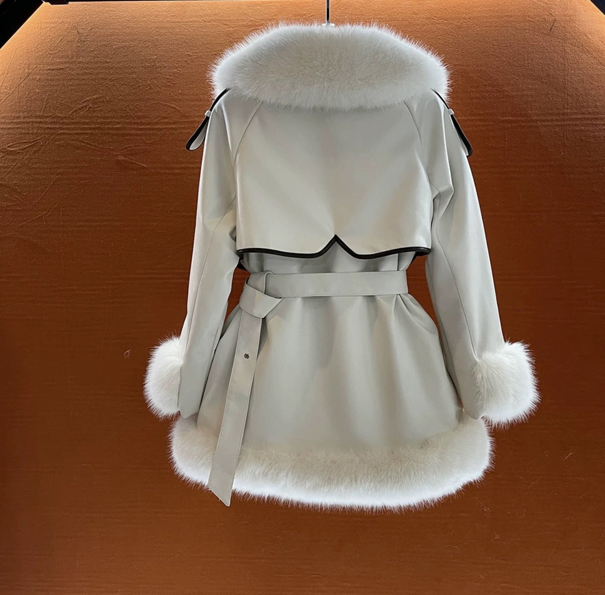 Manteau Grand Col Fourrure Laçage Femme – Style Socialite Chic