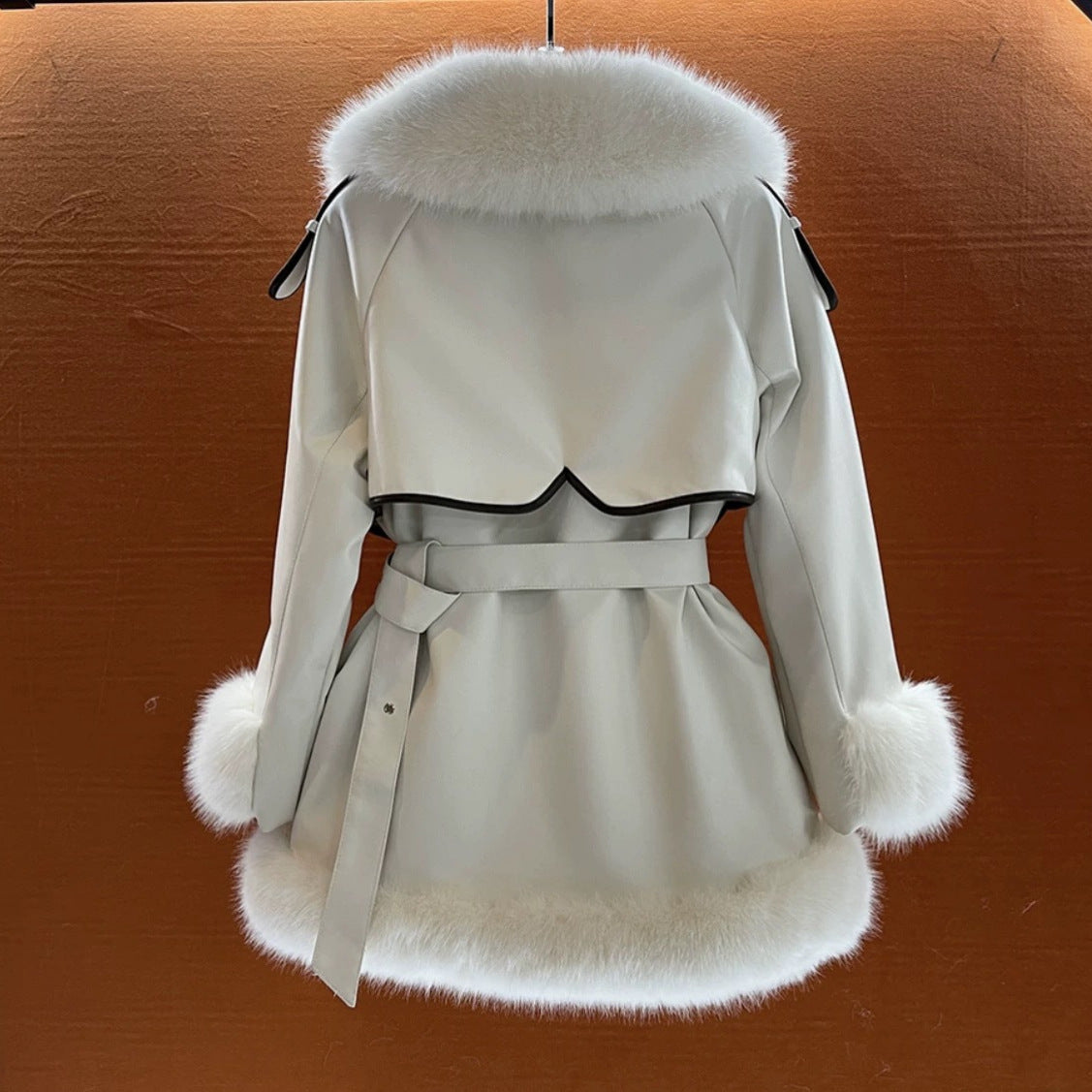 Manteau Grand Col Fourrure Laçage Femme – Style Socialite Chic