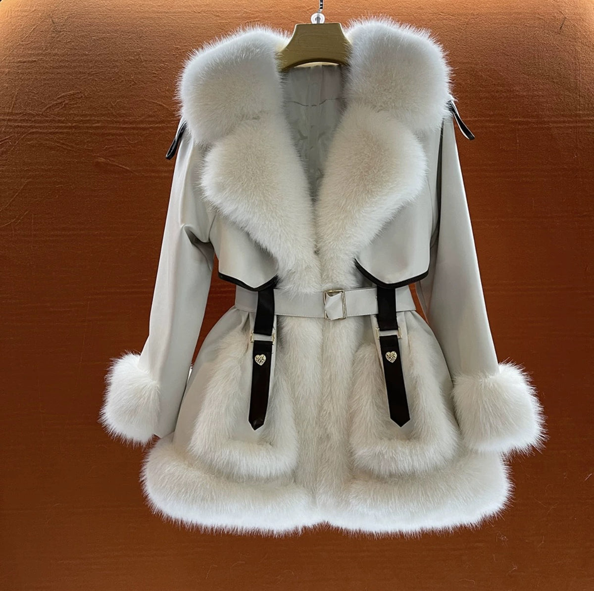 Manteau Grand Col Fourrure Laçage Femme – Style Socialite Chic