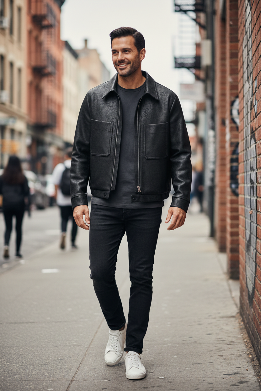 Photo UGC de l'homme portant la veste en similicuir noir